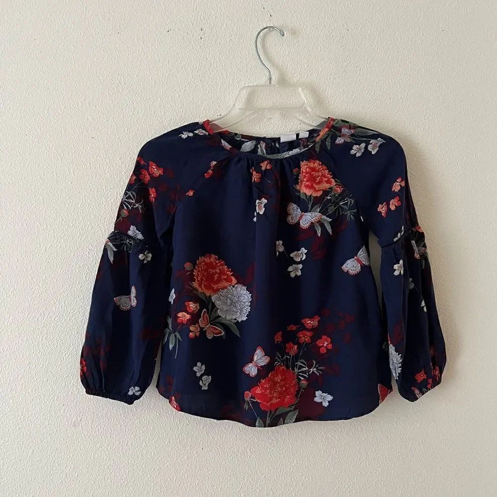 Gap Kids Girls Navy Boho Floral Blouse Balloon Sleeve Round Neck size S(6-7)
